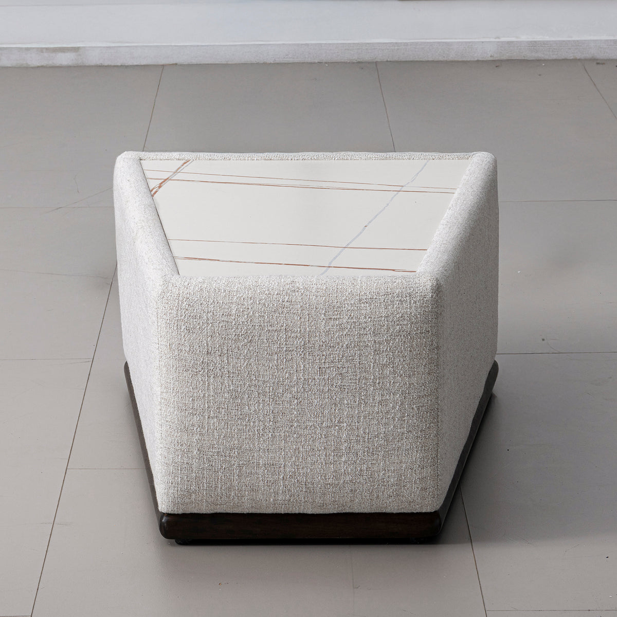 Modern mixed weave fabric sintered stone modular sofa side table bento with context.