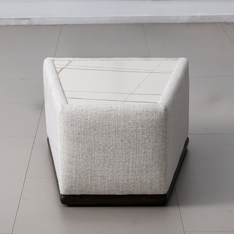 Modern mixed weave fabric sintered stone modular sofa side table bento with context.