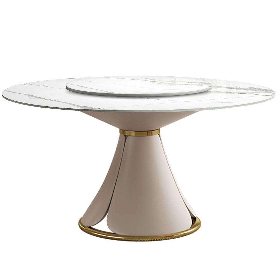 Modern sintered stone round dining table petal in white background.