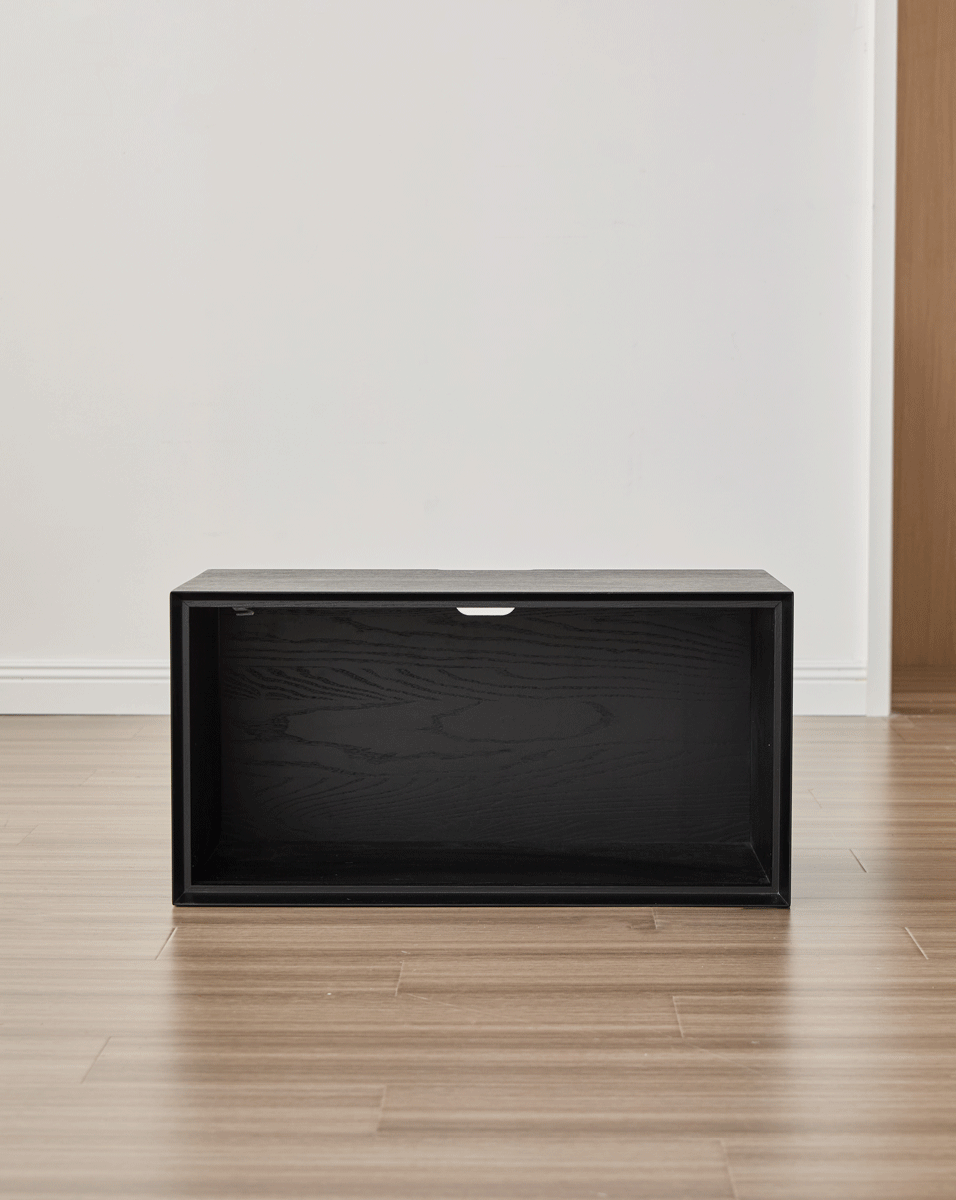 Minimalist ash wood veneer modular cabinet shadow color swatches.