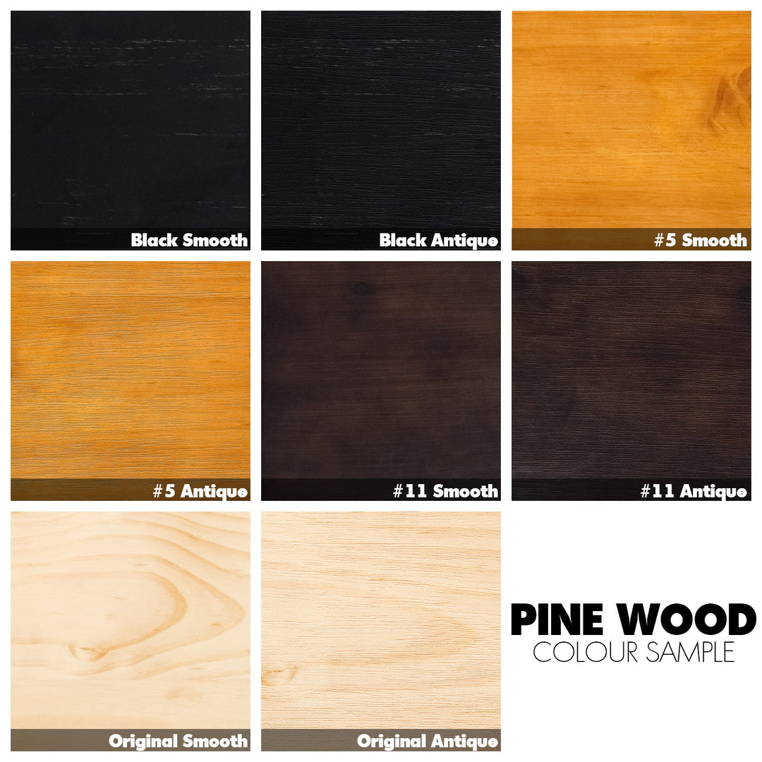 Industrial pine wood dining bench classic color swatches.
