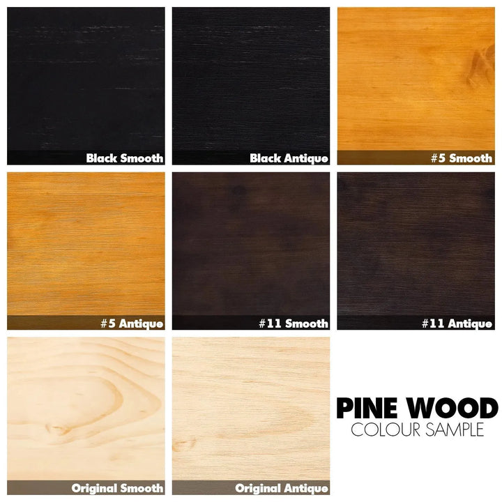 Industrial pine wood live edge dining bench whole solid wood color swatches.