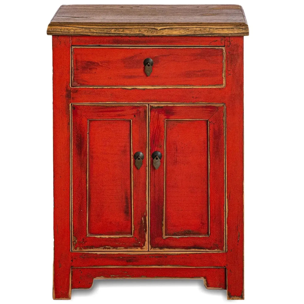 Rustic elm wood bed side table enigma in white background.