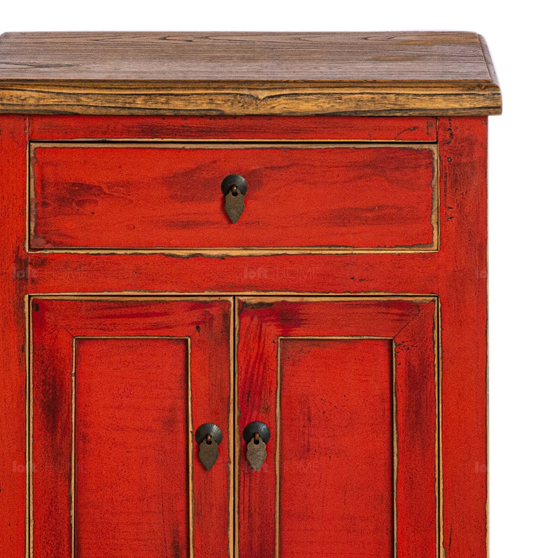 Rustic elm wood bed side table splendor in close up details.