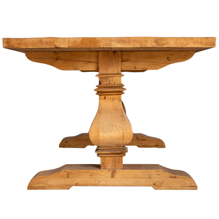 Rustic elm wood dining table lantern in close up details.