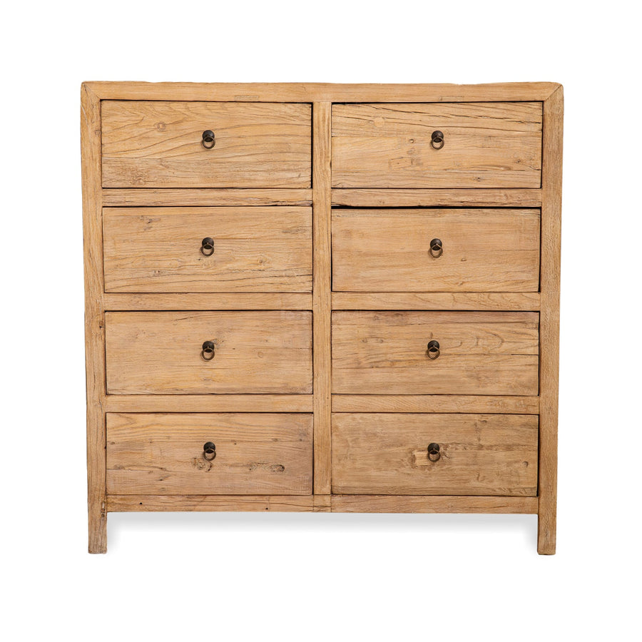 Rustic elm wood drawer cabinet splendor in white background.