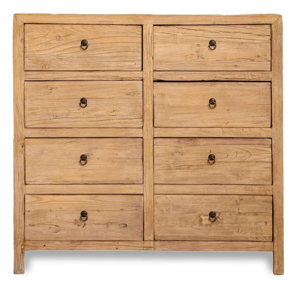 Rustic elm wood drawer cabinet secrets in white background.