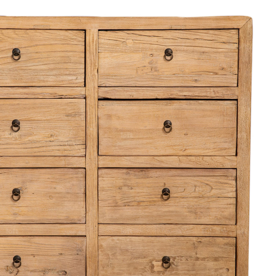 Rustic elm wood drawer cabinet splendor in details.