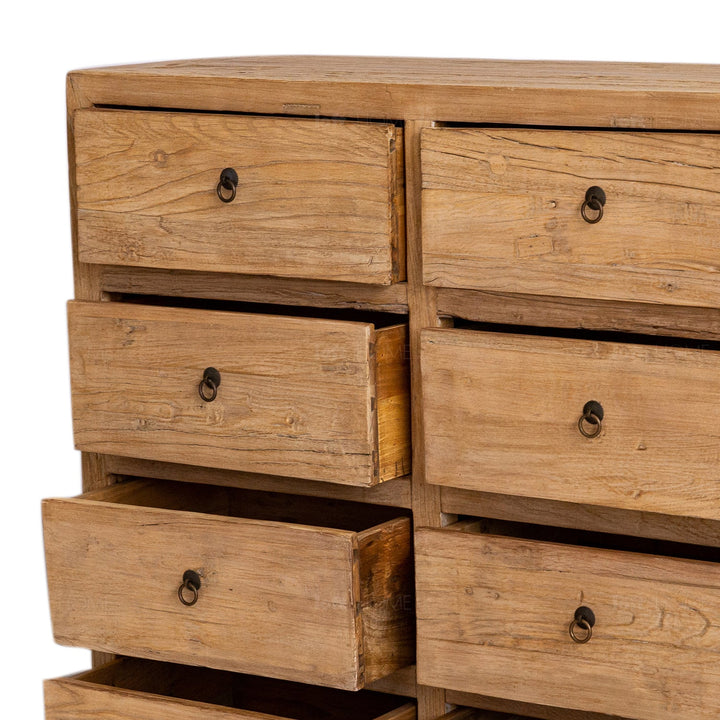 Rustic elm wood drawer cabinet splendor in close up details.