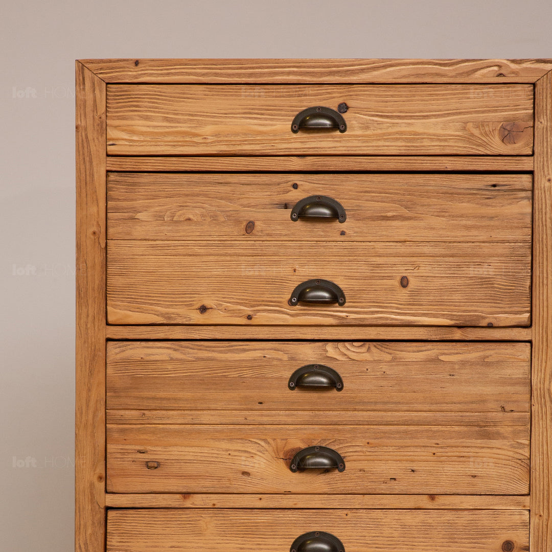 Rustic elm wood drawer cabinet tranquility in details.