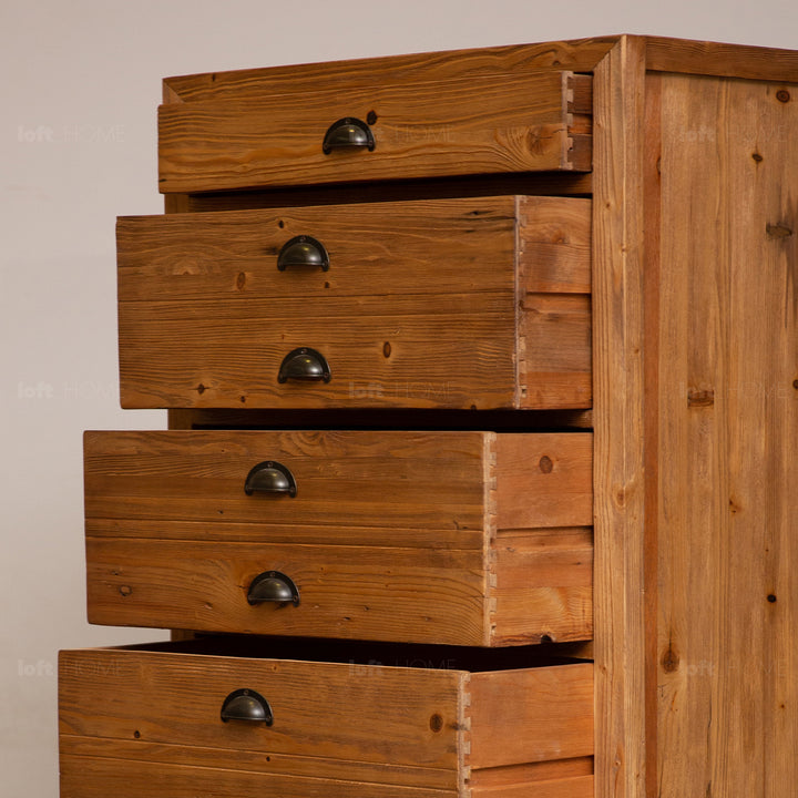 Rustic elm wood drawer cabinet tranquility in still life.