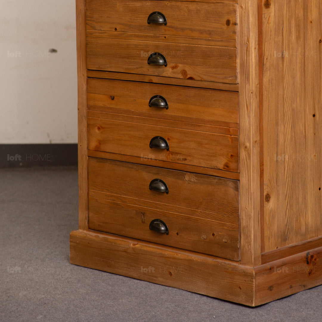 Rustic elm wood drawer cabinet tranquility in panoramic view.