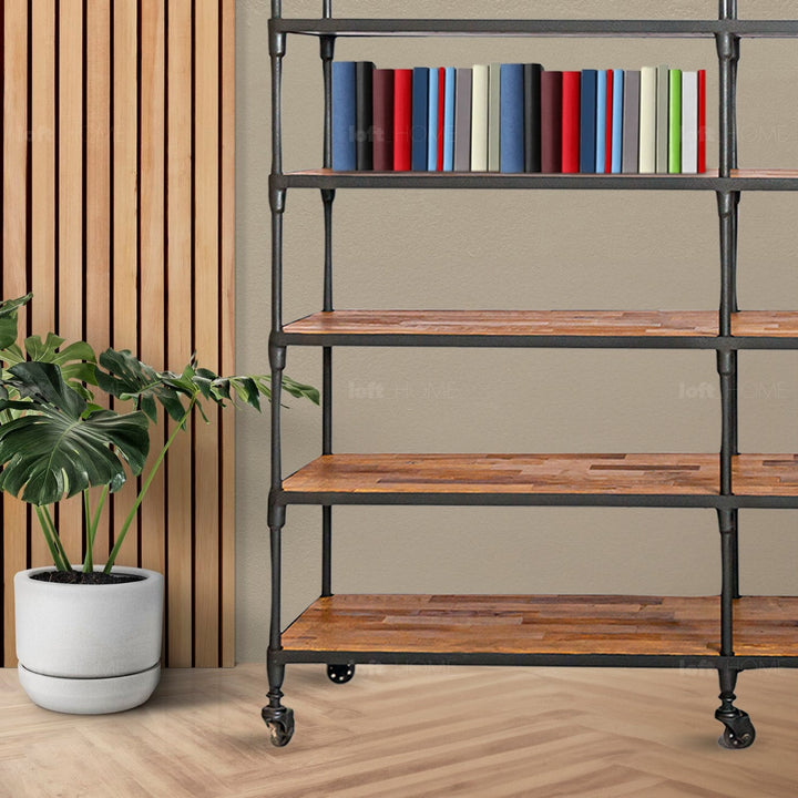 Rustic elm wood shelf bookshelf robust with context.