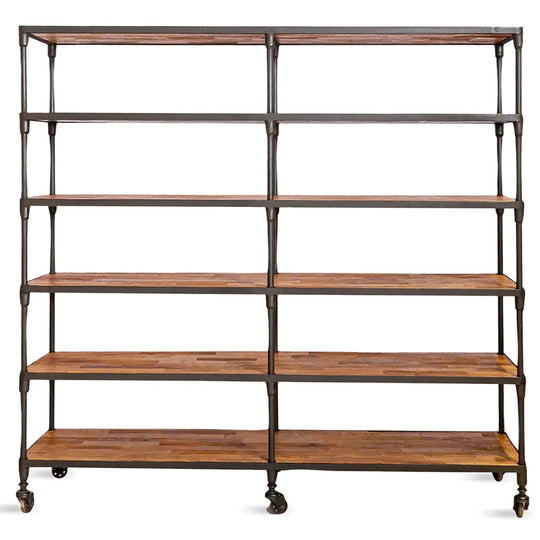 Rustic elm wood display shelf robust in white background.
