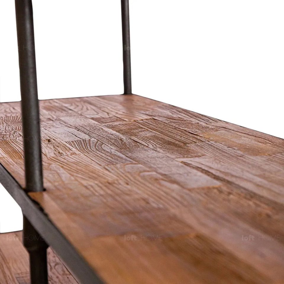 Rustic elm wood display shelf robust in details.