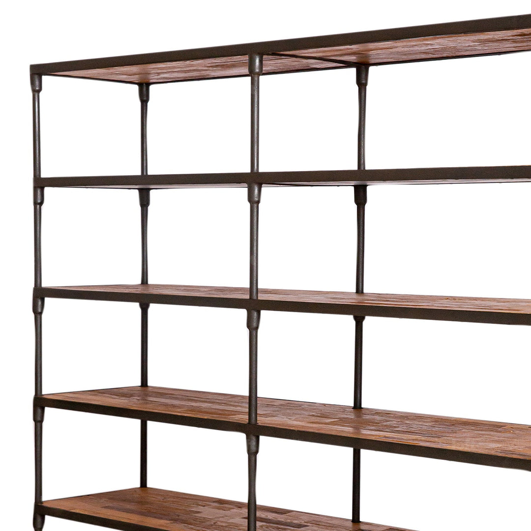Rustic elm wood shelf bookshelf robust in panoramic view.