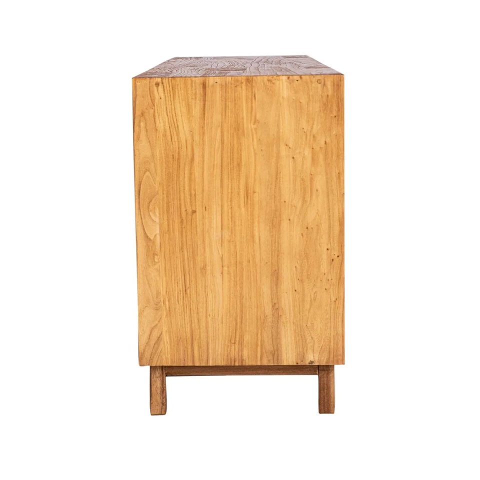 Rustic elm wood storage cabinet arcadia in close up details.