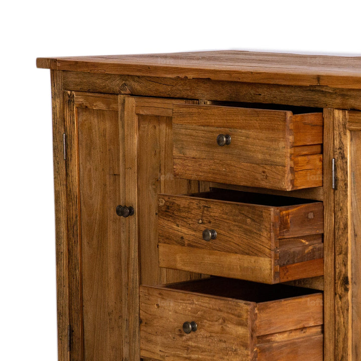 Rustic elm wood storage cabinet splendor in close up details.