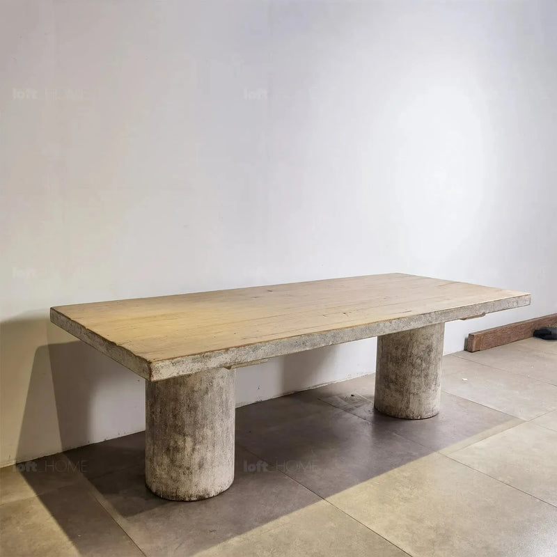 Rustic pine wood dining table barn in still life.