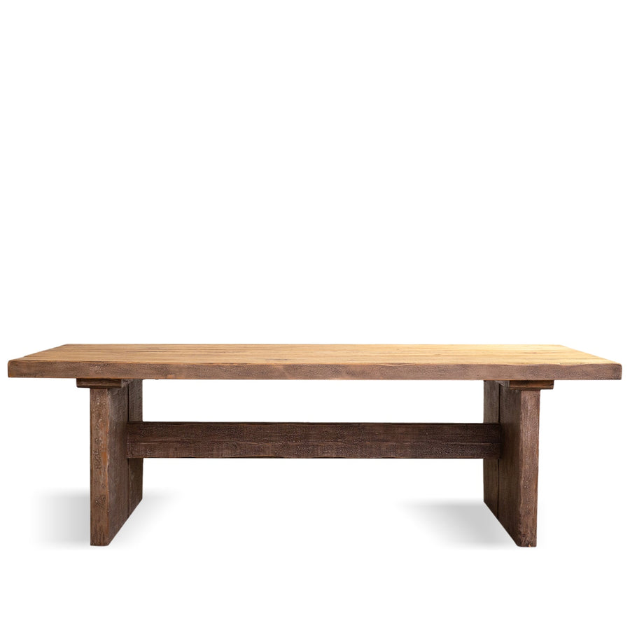 Rustic pine wood dining table dock in white background.