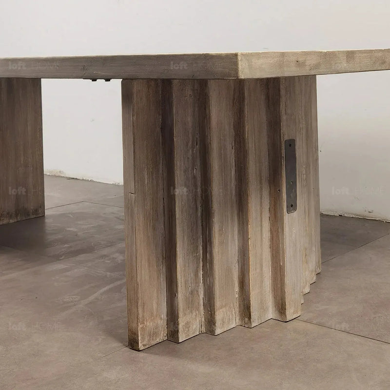 Rustic pine wood dining table lodge in panoramic view.