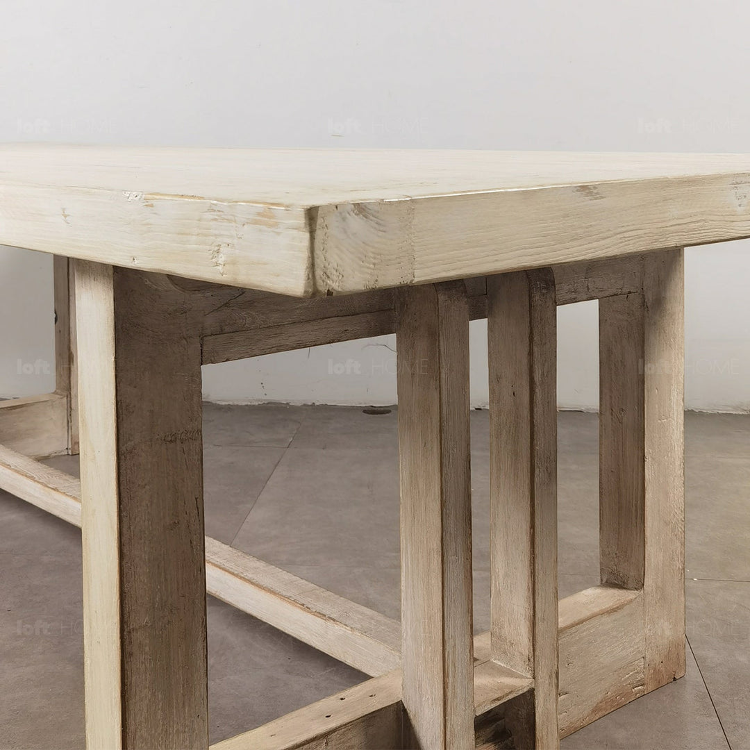 Rustic pine wood dining table pixie in panoramic view.