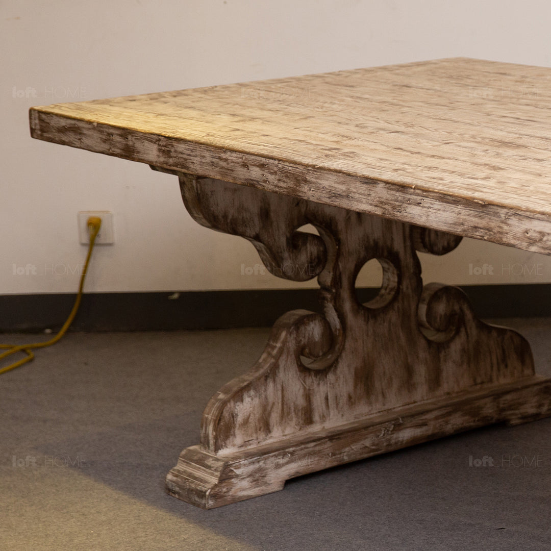 Rustic pine wood dining table sherlock in close up details.