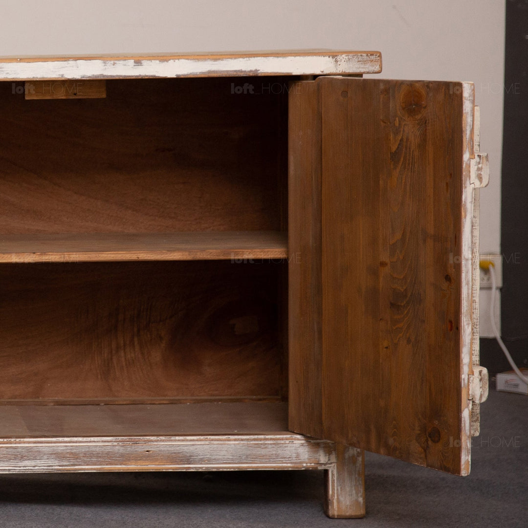 Rustic pine wood drawer cabinet pine phantom in close up details.