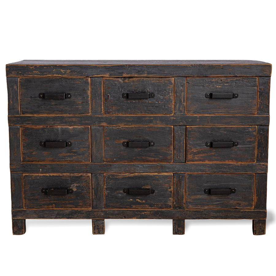 Rustic pine wood drawer cabinet splendor in white background.