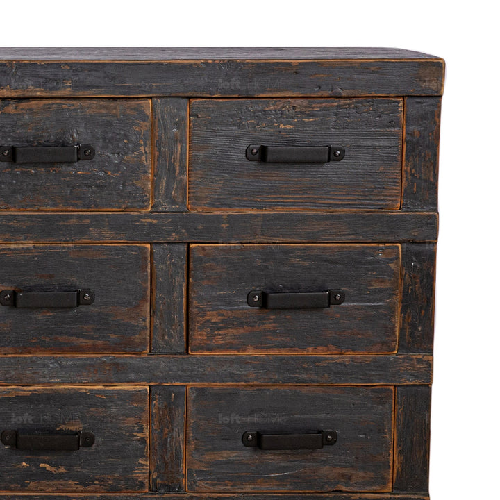 Rustic pine wood drawer cabinet splendor in close up details.
