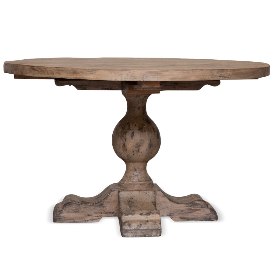 Rustic pine wood round dining table willow in white background.