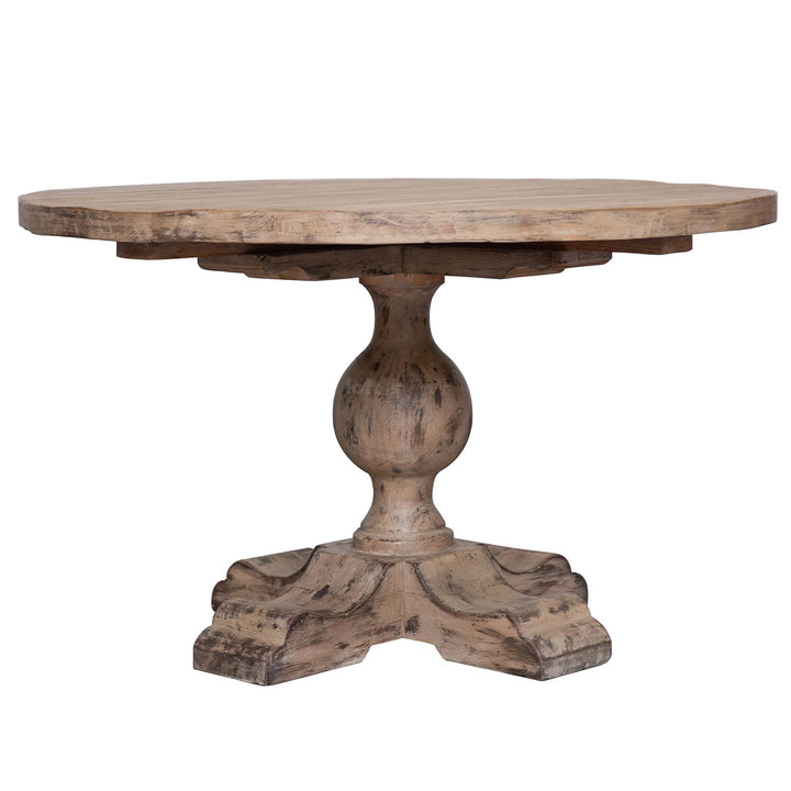 Rustic pine wood round dining table willow in real life style.