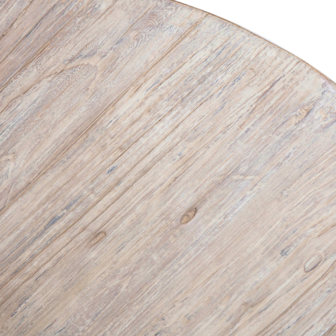 Rustic pine wood round dining table willow in details.