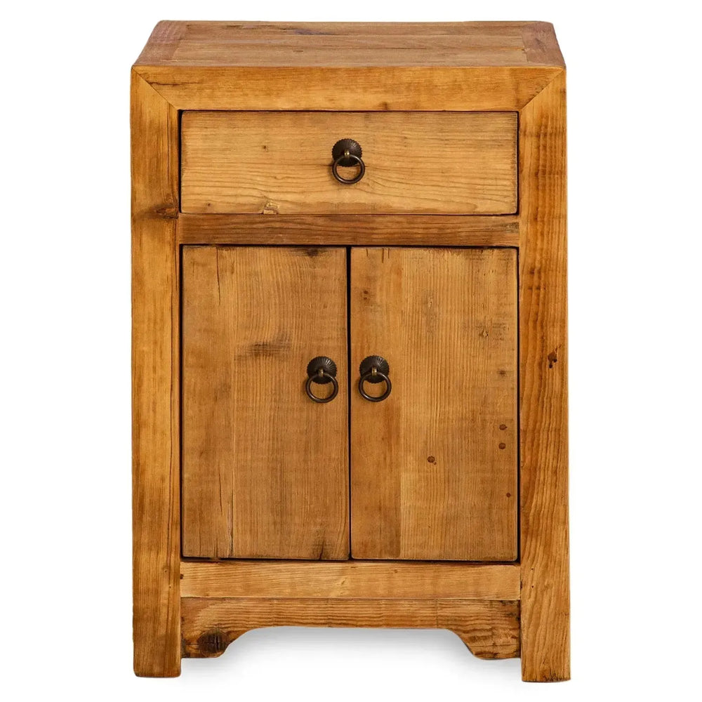 Rustic pine wood side table tranquility in white background.