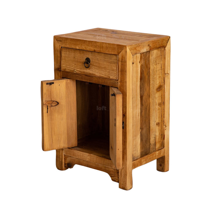 Rustic pine wood side table tranquility in real life style.