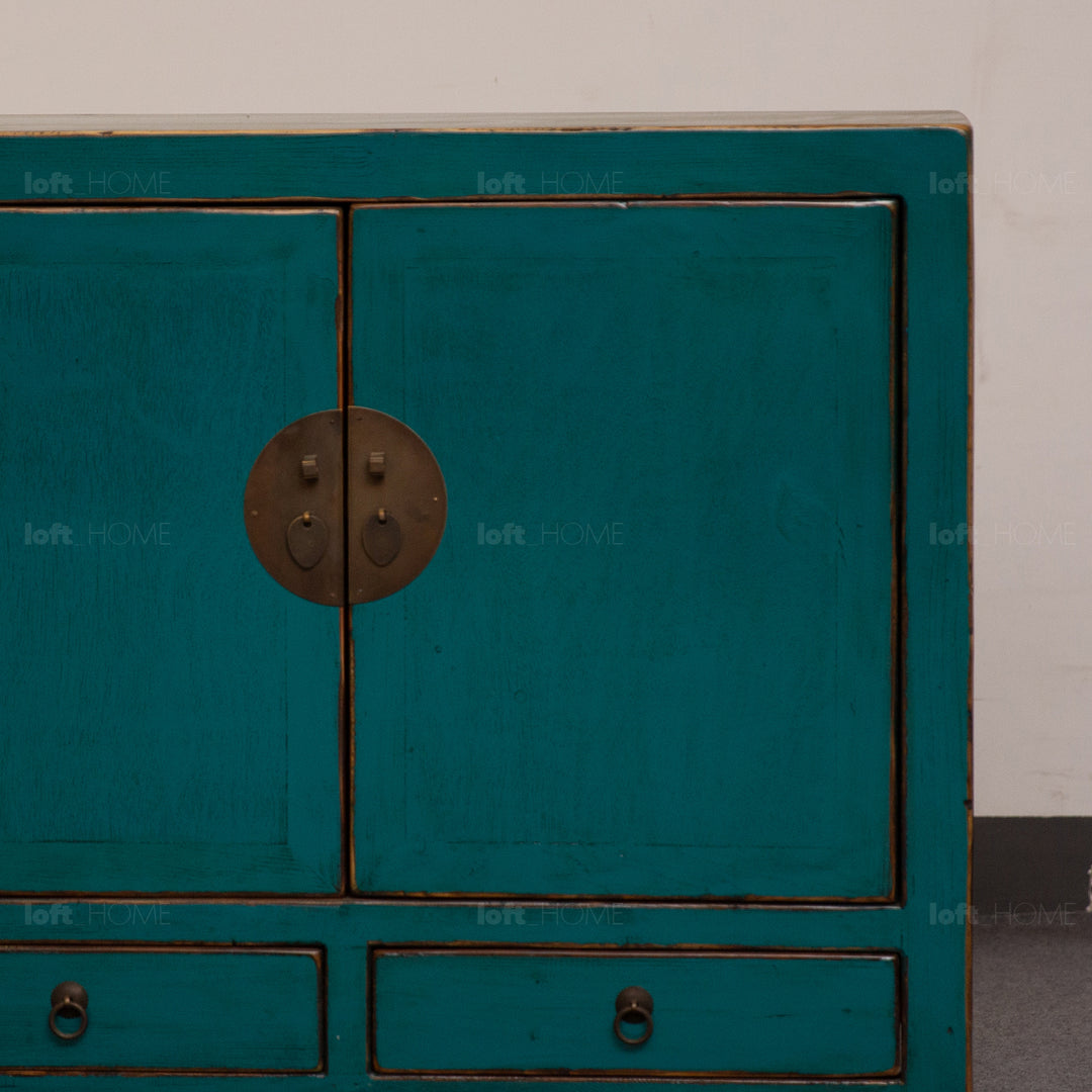 Rustic pine wood storage cabinet heirloom in details.