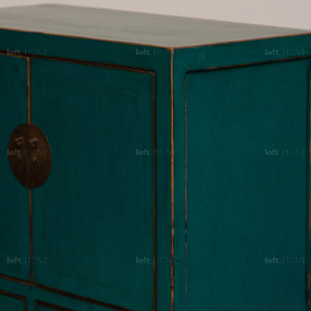 Rustic pine wood storage cabinet heirloom in panoramic view.