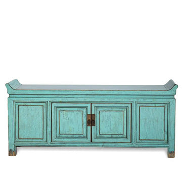 Rustic pine wood tv console whispers in white background.