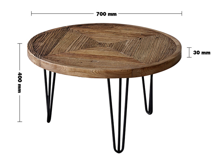 Rustic Elm Wood Round Coffee Table AURA ELM Size Chart