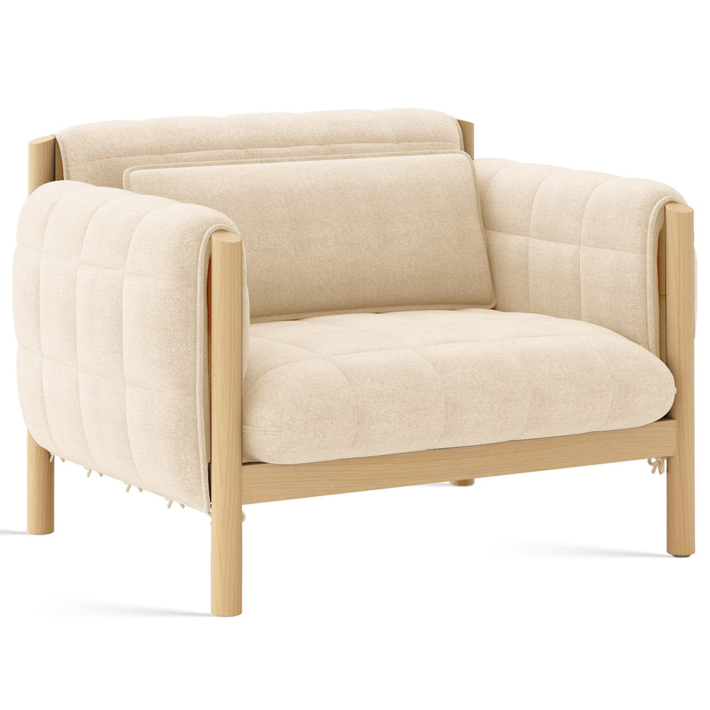 Scandinavian beech wood fabric 1 seater sofa hilda in white background.