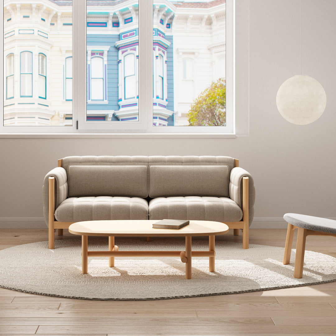 Scandinavian beech wood fabric 2 seater sofa hilda conceptual design.