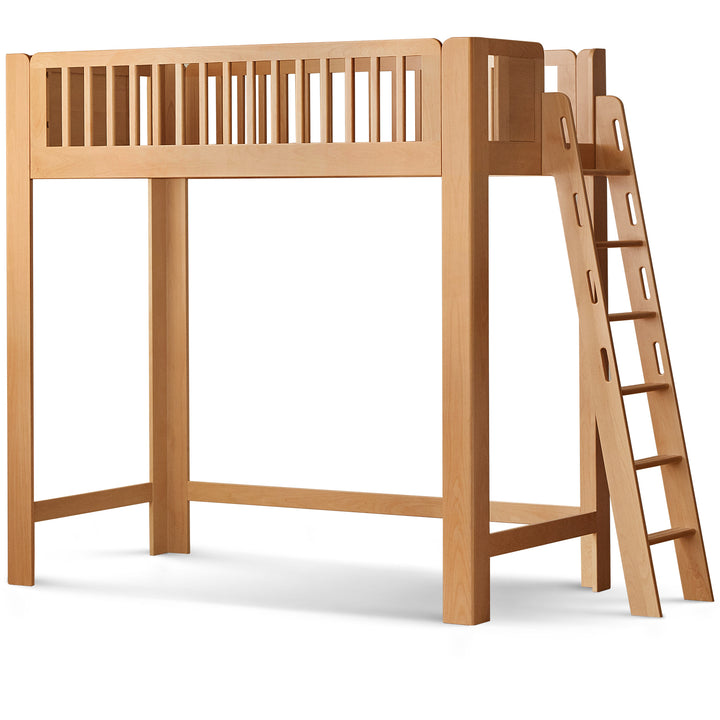 Scandinavian beech wood kids bunk bed with staircase lofty in white background.