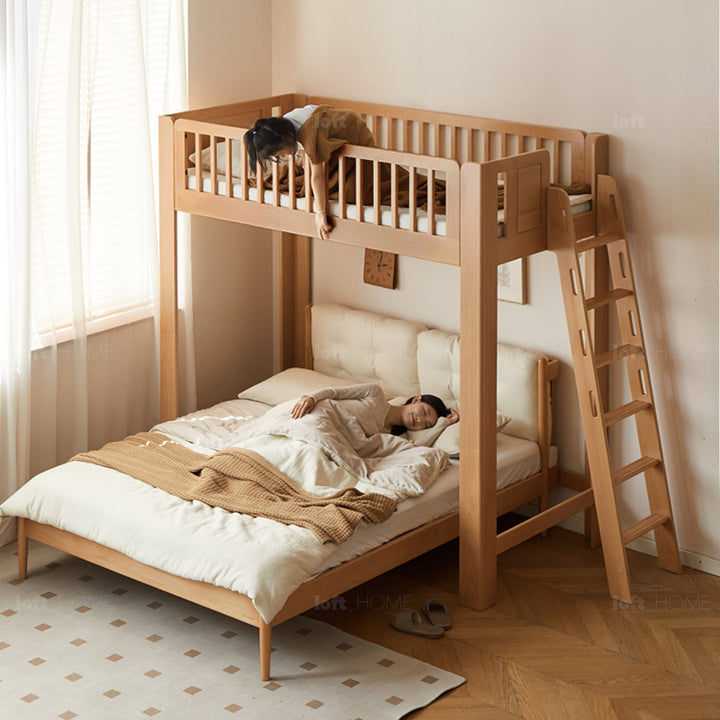 Scandinavian beech wood kids bunk bed with staircase lofty with context.