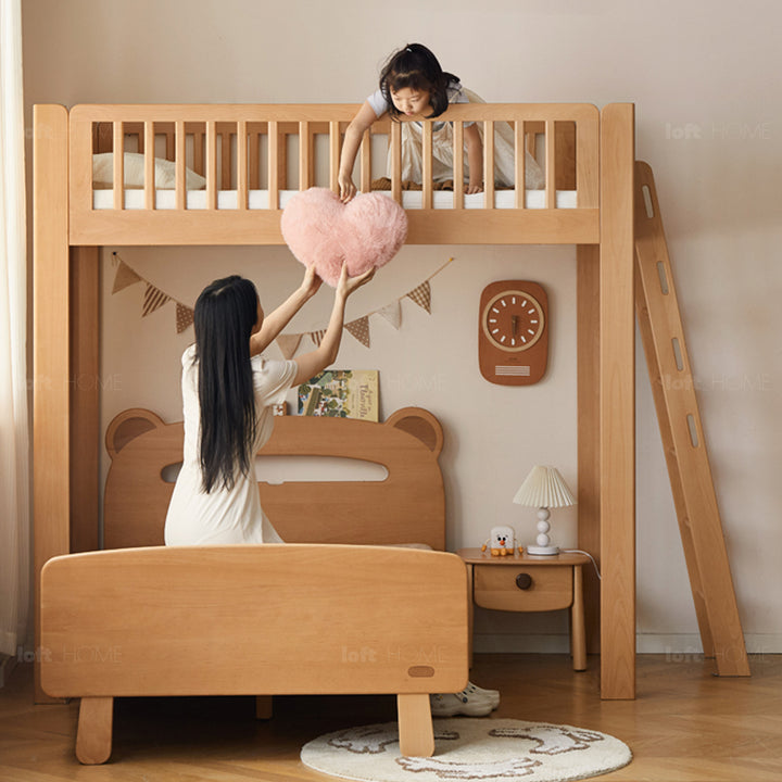 Scandinavian beech wood kids bunk bed with staircase lofty in panoramic view.