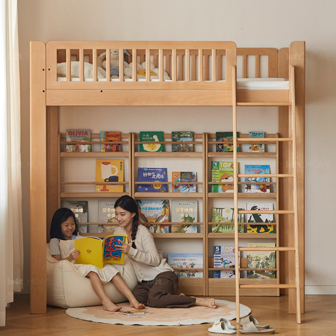 Scandinavian beech wood kids bunk bed with staircase lofty in still life.