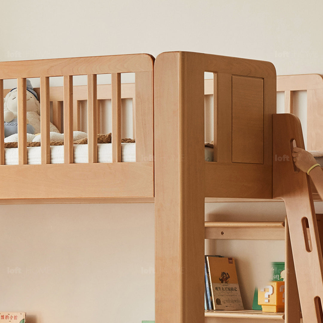 Scandinavian beech wood kids bunk bed with staircase lofty layered structure.