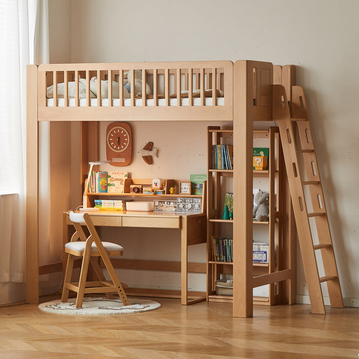 Scandinavian beech wood kids bunk bed with staircase lofty in real life style.