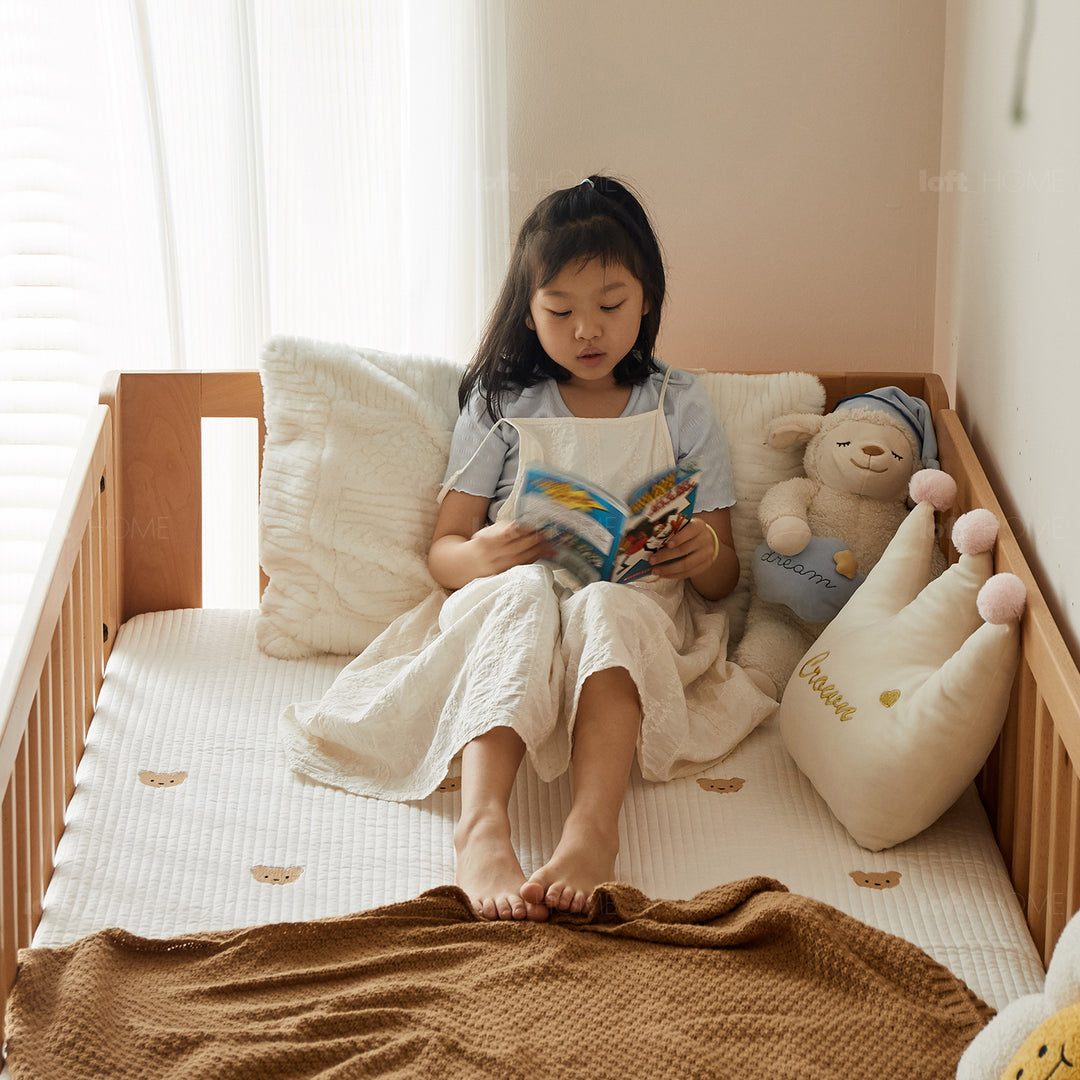 Scandinavian beech wood kids bunk bed with staircase lofty in details.