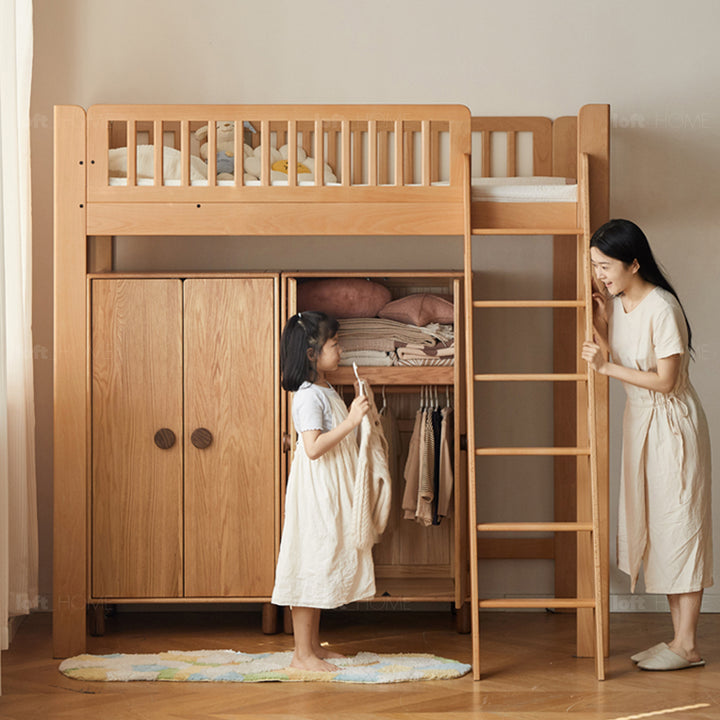 Scandinavian beech wood kids bunk bed with staircase lofty in close up details.