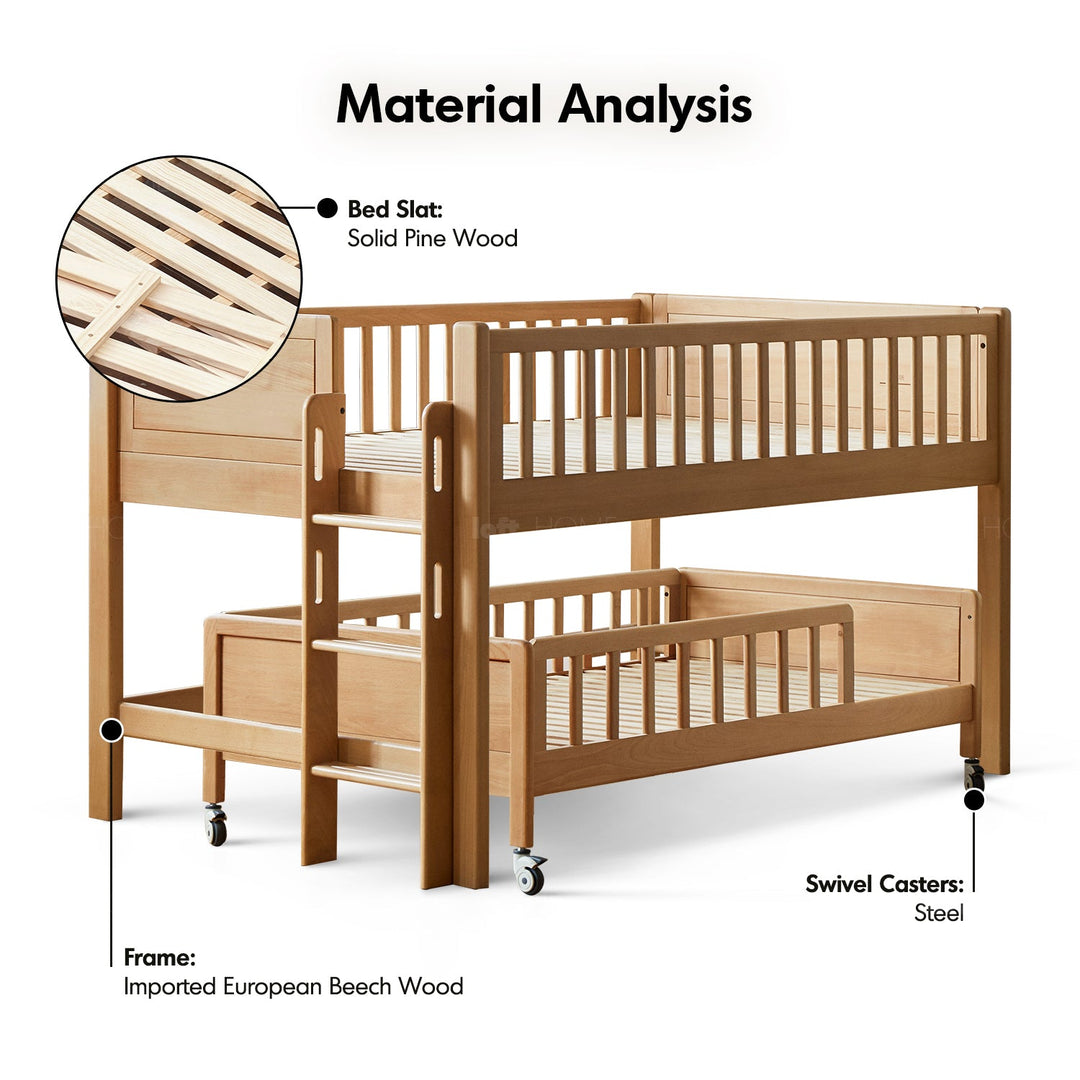 Scandinavian beech wood kids bunk bed with trundle cubble in still life.